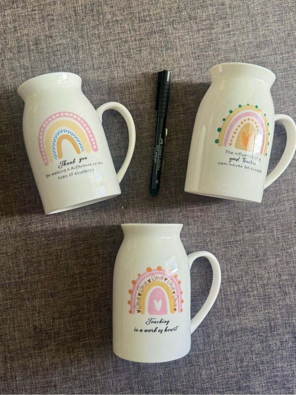 Set of 3 "Teacher" Themed Ceramic Mugs with Rainbow Design